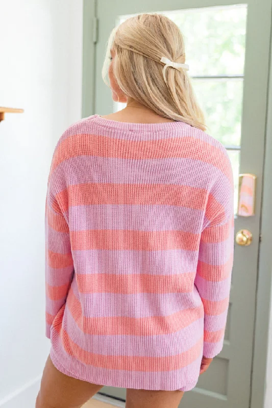 Sign Of The Times Coral And Lilac Striped Sweater Set