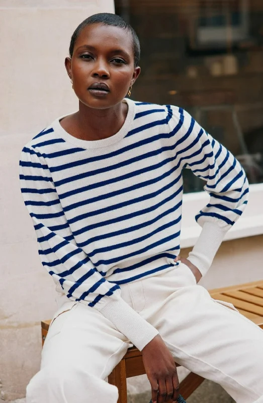 Merino Wool Striped Crew Neck Jumper | Cream/Navy