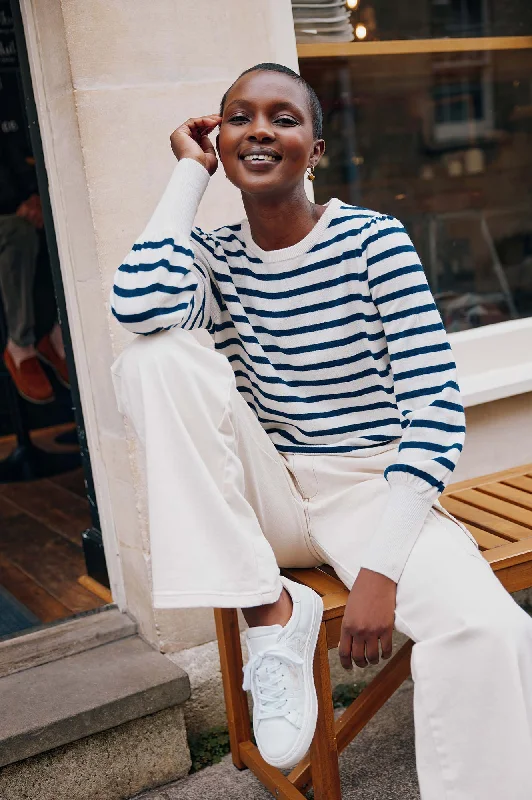 Merino Wool Striped Crew Neck Jumper | Cream/Navy