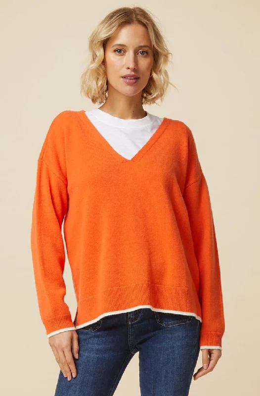 Merino Wool Relaxed V Neck Jumper | Orange