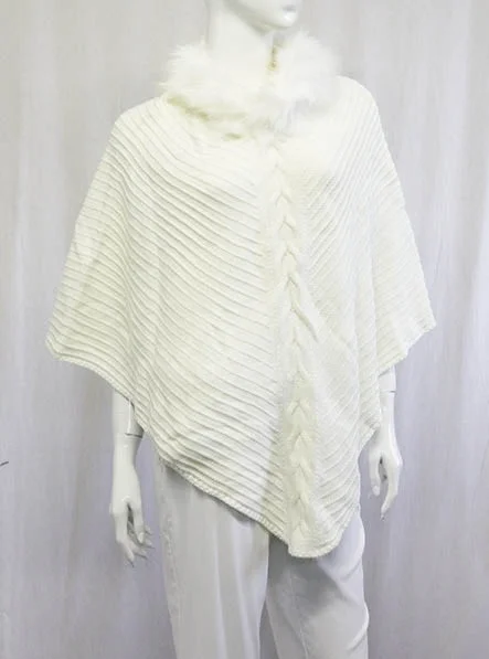 White Poncho With Faux Fur Collar