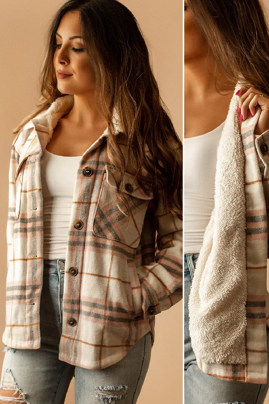 Aspen Sherpa Lined Plaid Shacket (Pink + White)