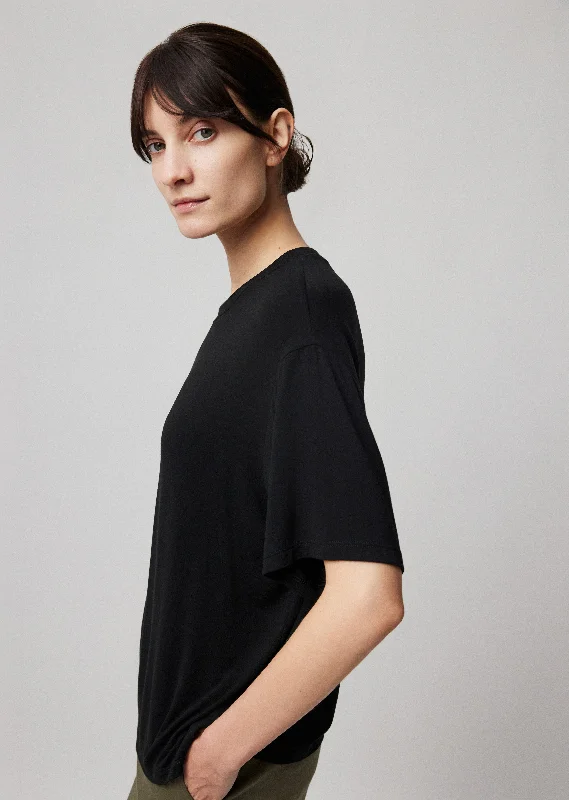 Viscose Blend Jersey Crew Neck Relaxed Tee - Black