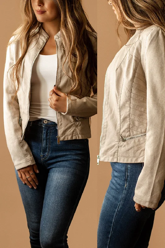 Charleston Faux Leather Moto Jacket (Cream) | FINAL SALE