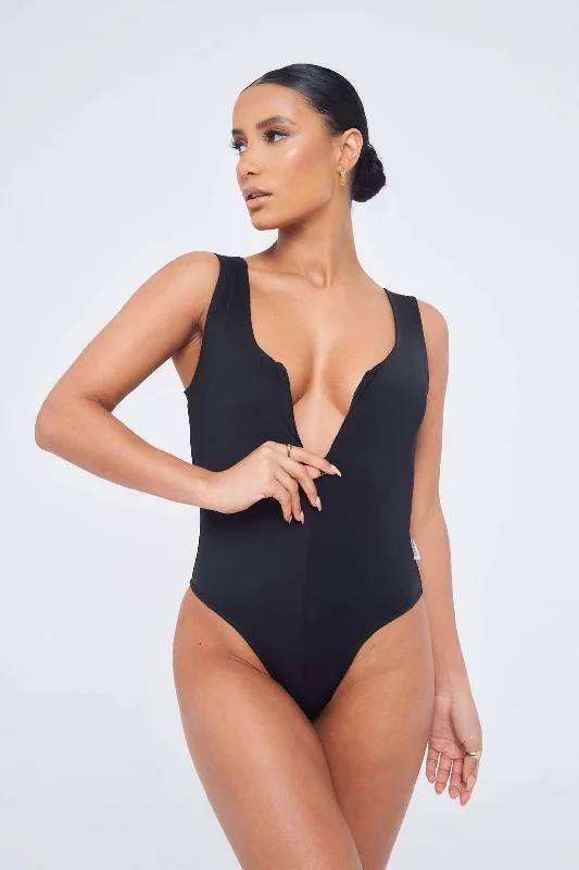 Sian Marie Contour Low Neck Zip Bodysuit - Black