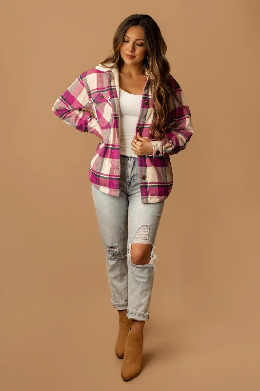 Conway Sherpa Lined Plaid Shacket (Magenta + White)