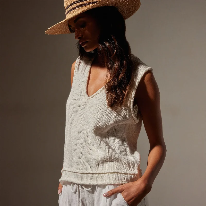 Cotton Linen V Neck Vest - White