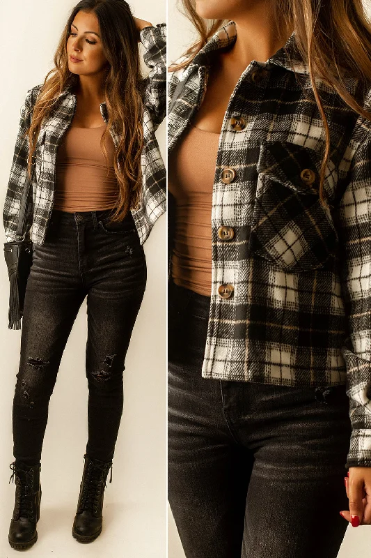 Jackson Cropped Plaid Shacket (Black + White) | FINAL SALE