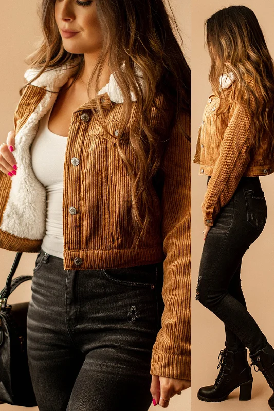 Jax Sherpa Lined Cropped Corduroy Jacket (Camel) | FINAL SALE