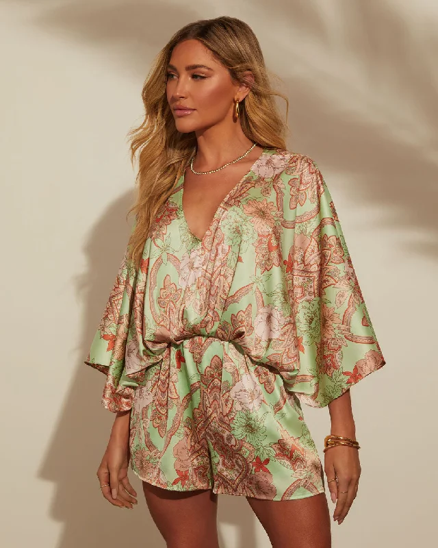 Jobelle Kimono Sleeve Printed Satin Romper