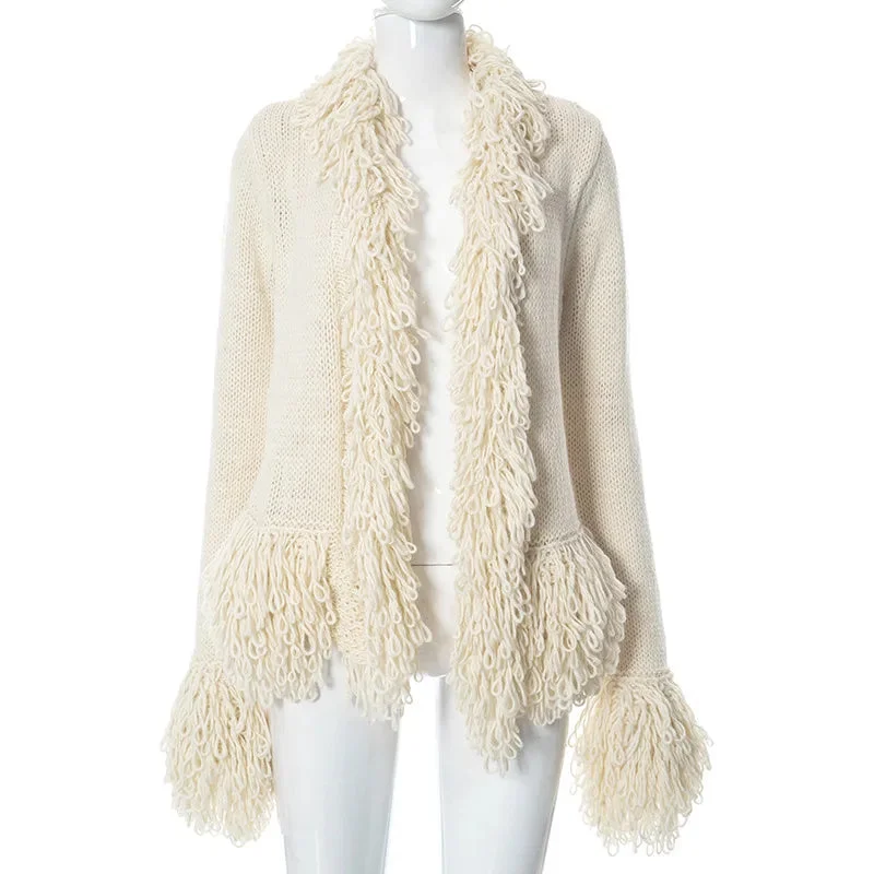 Knitted Tassels White Casual Loose Solid Street Autumn Fashion Women's Jacket