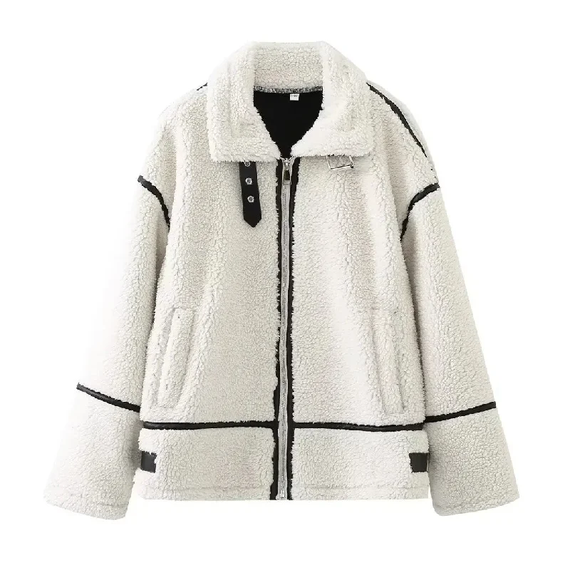 Luxury Lambswool Zipper Lapel Patchwork Casual Warm Streetwear Jacket