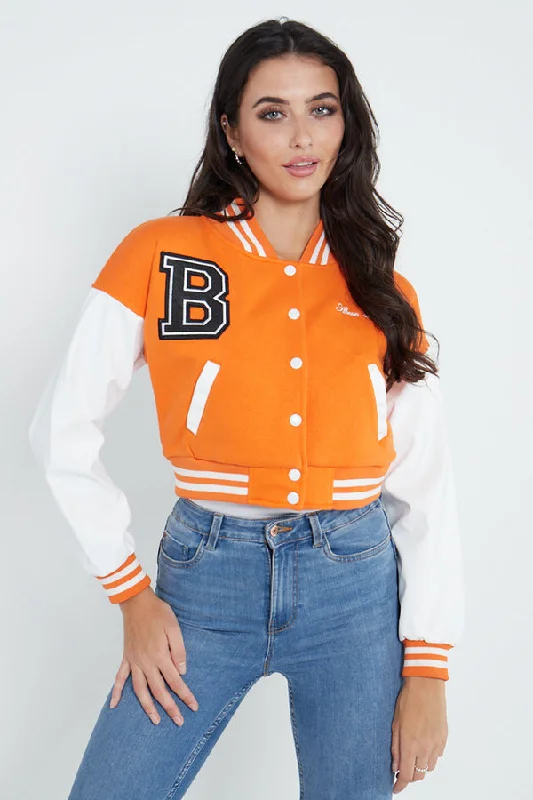 ORANGE VARSITY GRAPHIC FAUX LEATHER SLEEVE BOMBER JACKET