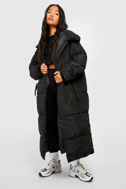 PETITE HOODED LONGLINE PUFFER JACKET-BLACK