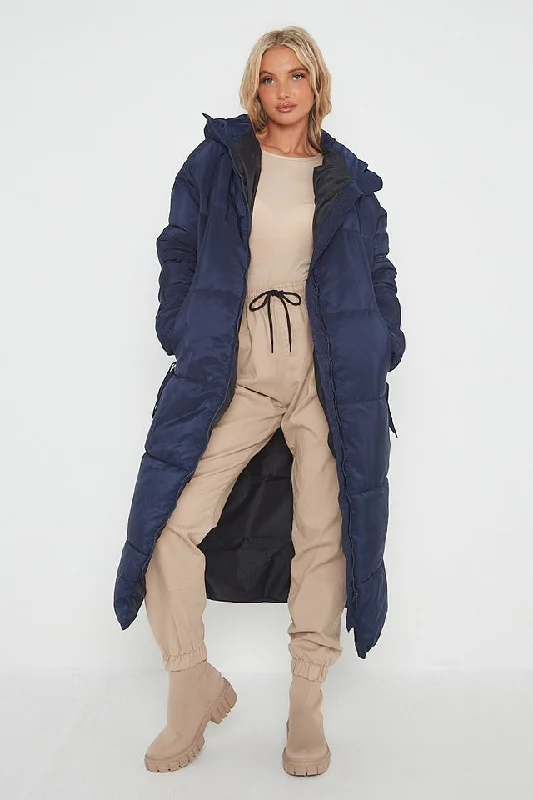 PETITE HOODED LONGLINE PUFFER JACKET-NAVY