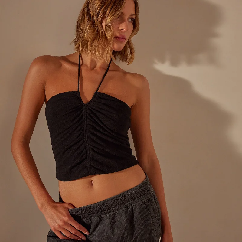 Recycled Brushed Jersey Halter Neck Top - Black