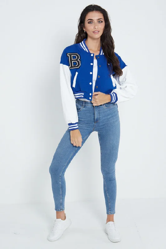 ROYAL BLUE VARSITY GRAPHIC FAUX LEATHER SLEEVE BOMBER JACKET