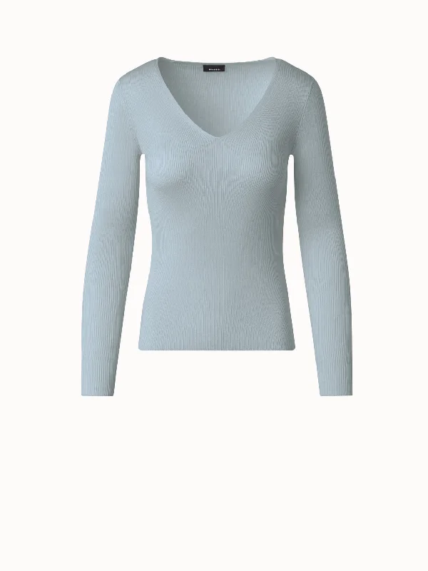 Silk Cotton Fine Rib V-neck Sweater