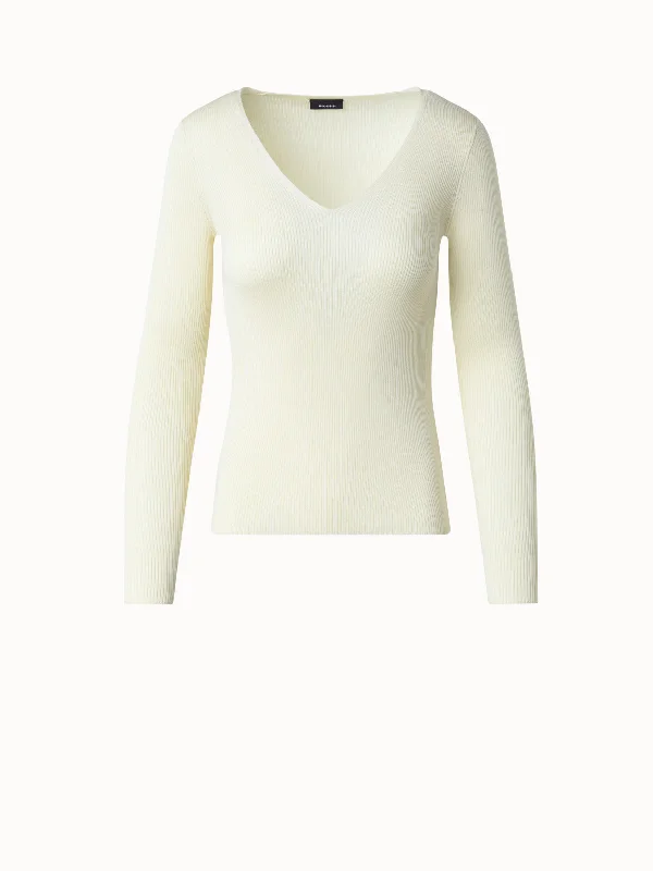 Silk Cotton Fine Rib V-neck Sweater