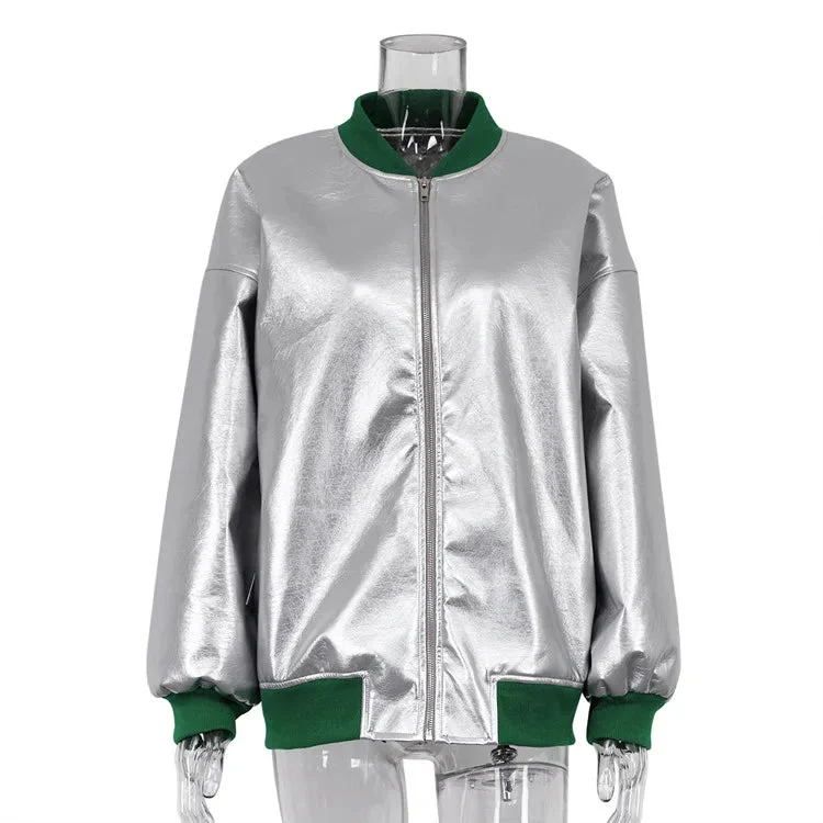 Silver PU Splice Long Sleeve Reflective Winter Casual Baseball Jacket