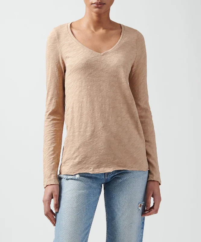 Slub Jersey Long Sleeve V-Neck Tee - Camel