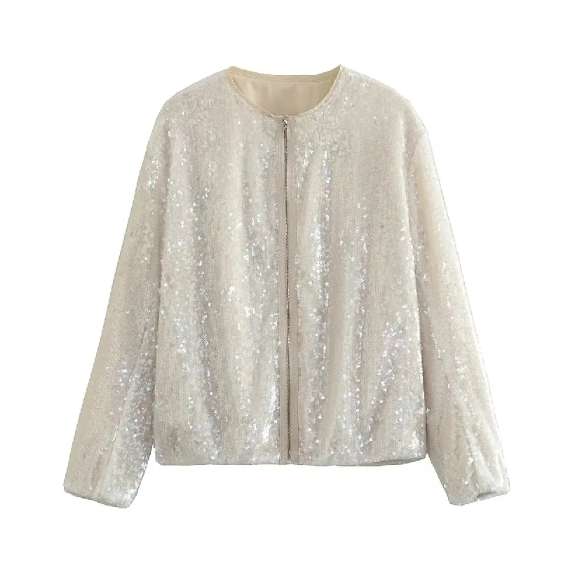 Solid Zipper Streetwear Casual Loose Femme Summer Sequin Jacket