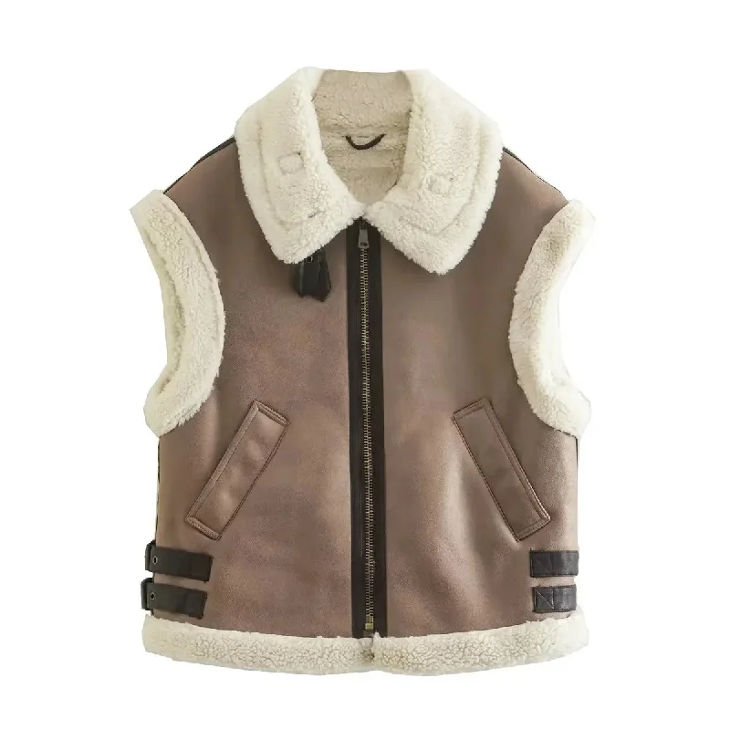 Suede Leather Thick Fleece Winter Splice Sleeveless Faux Shearling Jacket