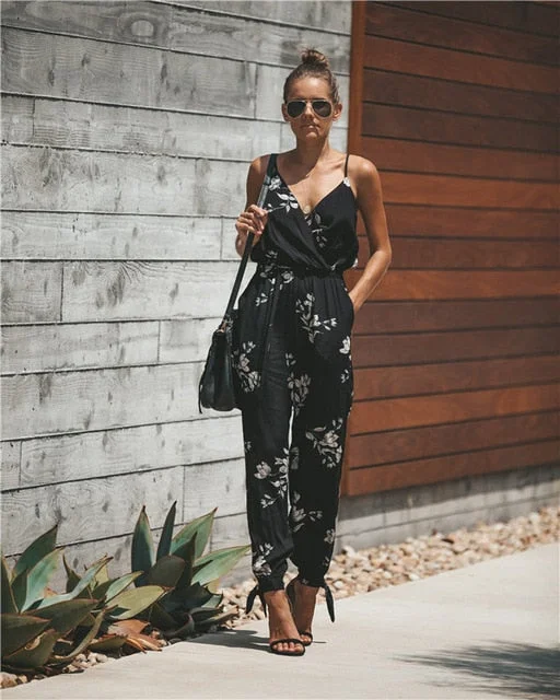 Summer Spring Women Sexy Open Back Deep V-neck Sling Cotton Long Rompers Womens Jumpsuit Drawstring Flower Women Clothes