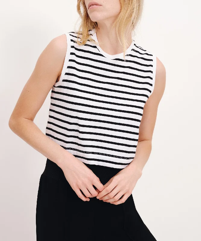 Classic Jersey Stripe Sleeveless Cropped Muscle Tee - White-Black