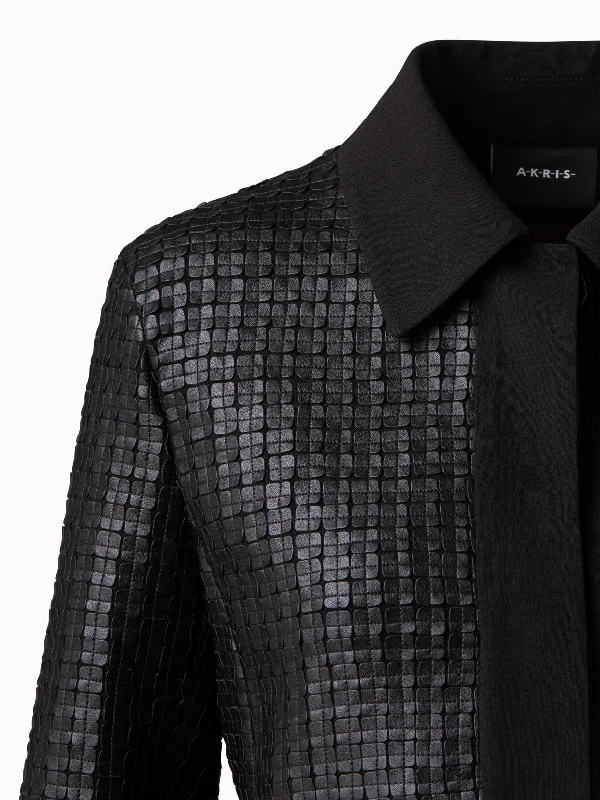 Wool Double-Face Short Jacket with with Faux Leather Superposé Grid Embellishment