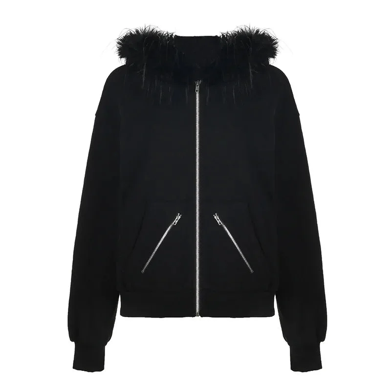 Zip Up Hoodie Black Feather Splice Long Sleeve Casual Loose Jacket